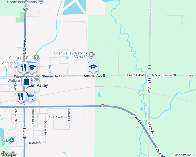 map of restaurants, bars, coffee shops, grocery stores, and more near 61289 Meeker-Stearns Street in Eden Valley