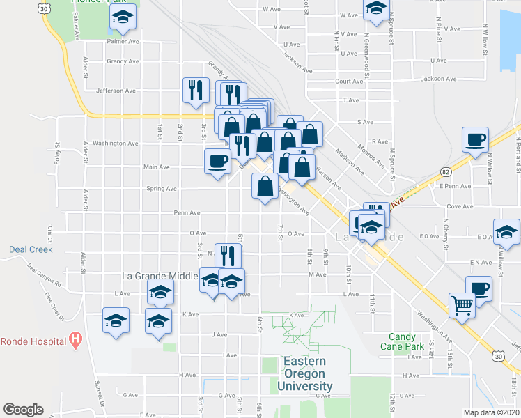 map of restaurants, bars, coffee shops, grocery stores, and more near 1606 6th Street in La Grande