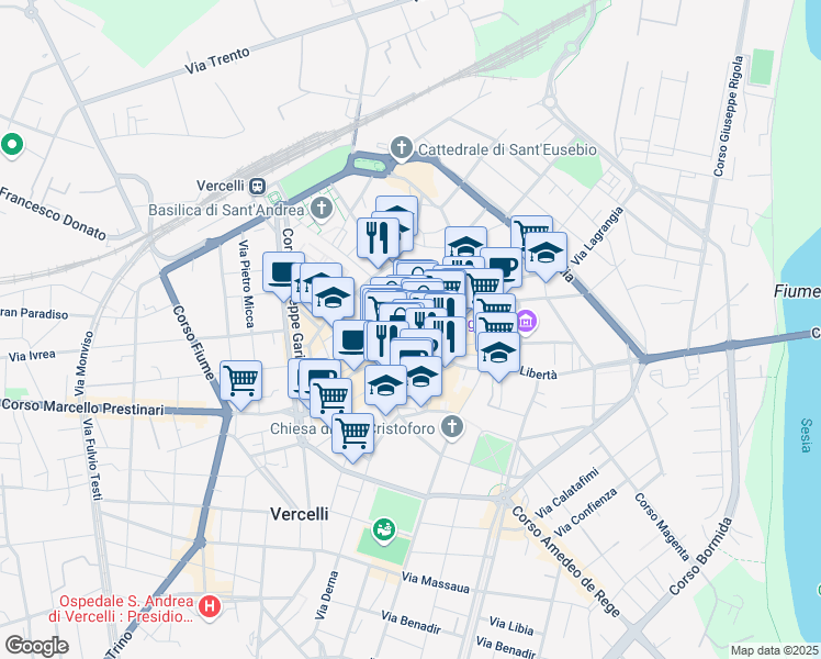 map of restaurants, bars, coffee shops, grocery stores, and more near 16 Via E. Bava in Vercelli