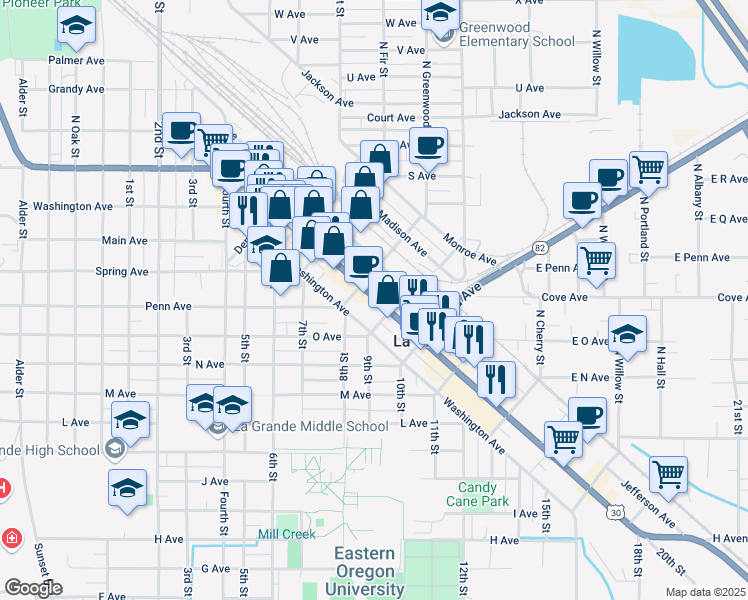 map of restaurants, bars, coffee shops, grocery stores, and more near 1510 Adams Avenue in La Grande