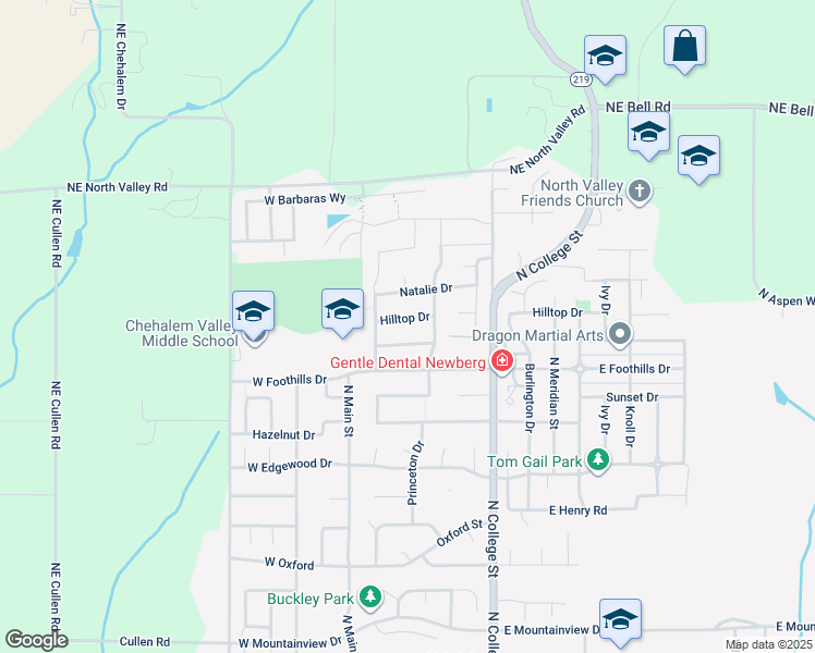 map of restaurants, bars, coffee shops, grocery stores, and more near 306 Hilltop Drive in Newberg