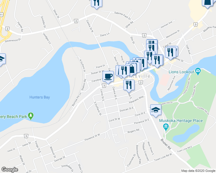map of restaurants, bars, coffee shops, grocery stores, and more near 7 Main Street West in Huntsville