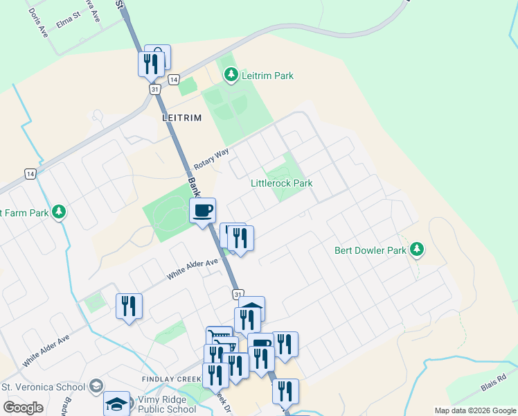 map of restaurants, bars, coffee shops, grocery stores, and more near 177 Fairweather Street in Ottawa