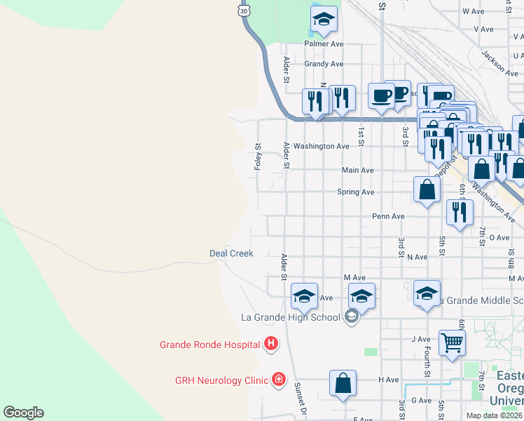 map of restaurants, bars, coffee shops, grocery stores, and more near 101 Penn Avenue in La Grande