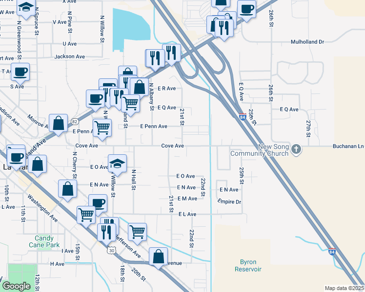 map of restaurants, bars, coffee shops, grocery stores, and more near 2408 Cove Avenue in La Grande