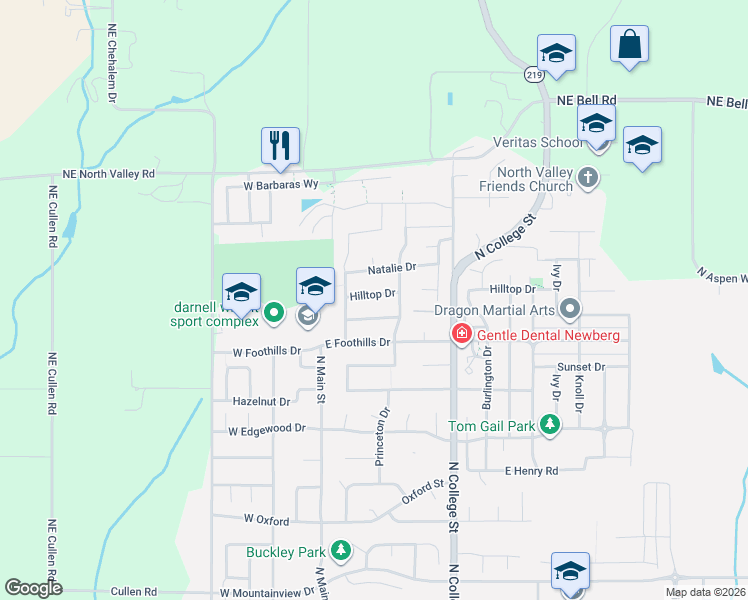 map of restaurants, bars, coffee shops, grocery stores, and more near 306 Hilltop Drive in Newberg