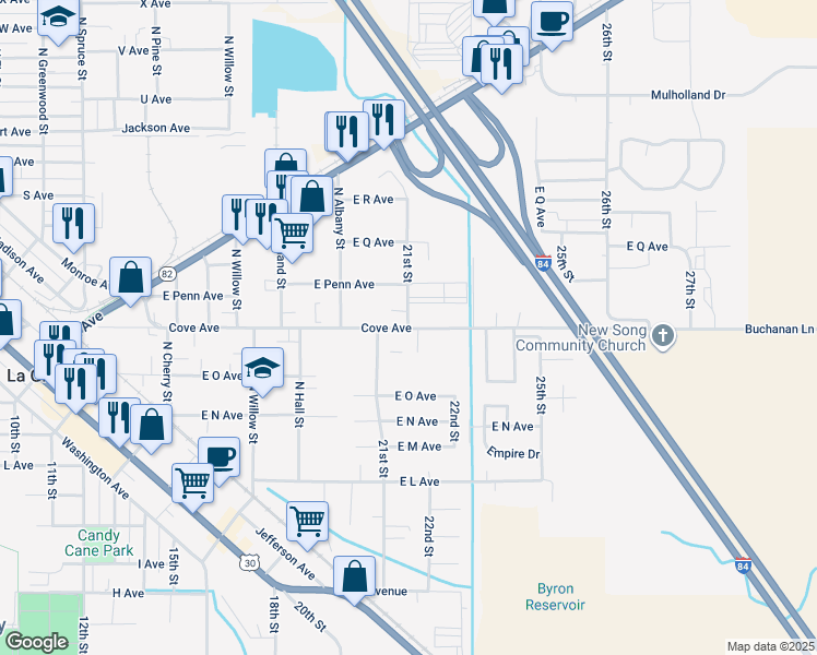 map of restaurants, bars, coffee shops, grocery stores, and more near 2408 Cove Avenue in La Grande