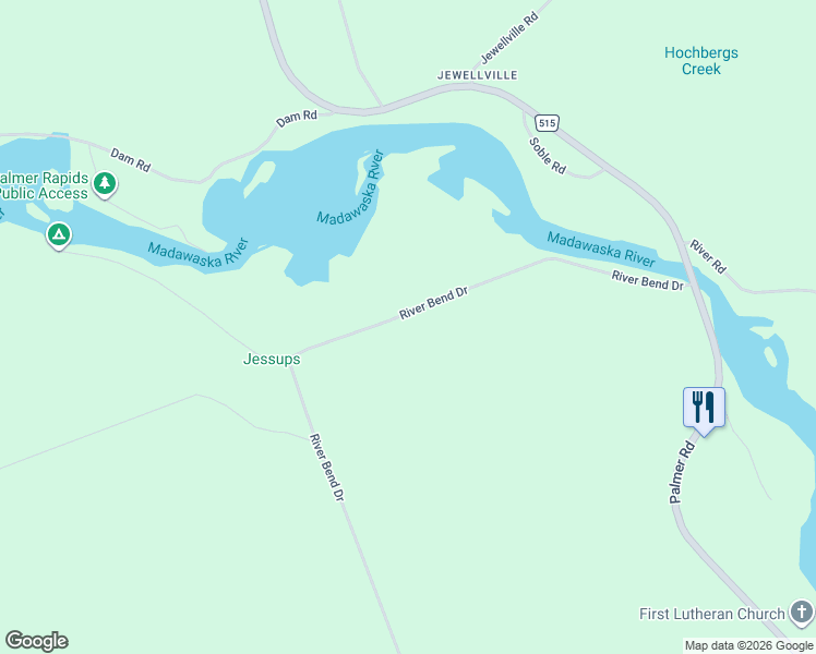map of restaurants, bars, coffee shops, grocery stores, and more near 193 River Bend Drive in Palmer Rapids