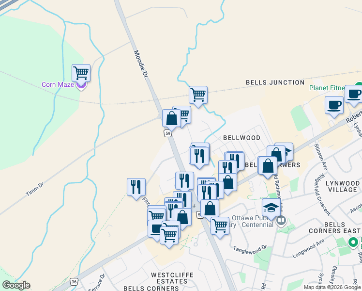 map of restaurants, bars, coffee shops, grocery stores, and more near 303 Moodie Drive in Ottawa
