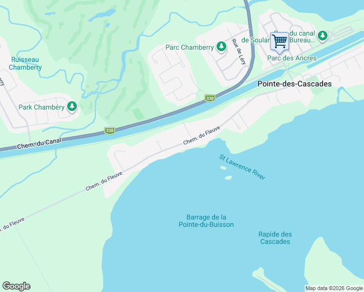 map of restaurants, bars, coffee shops, grocery stores, and more near Chemin du Fleuve in Pointe-des-Cascades