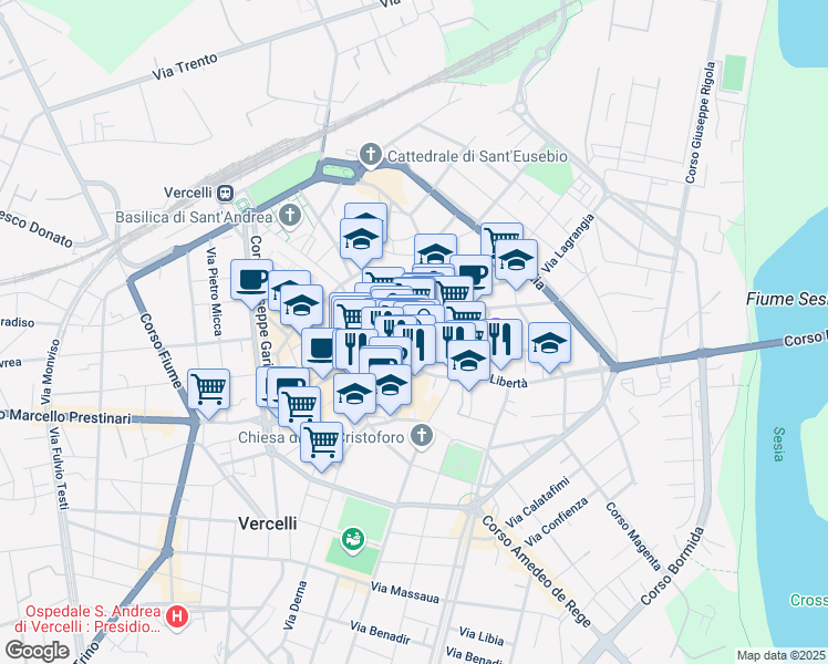 map of restaurants, bars, coffee shops, grocery stores, and more near 11 Via Vincenzo Gioberti in Vercelli