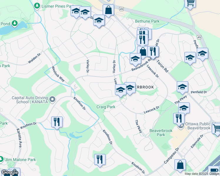 map of restaurants, bars, coffee shops, grocery stores, and more near 85 Pentland Place in Ottawa