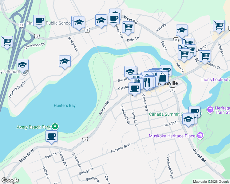 map of restaurants, bars, coffee shops, grocery stores, and more near 7 North Dufferin Street in Huntsville