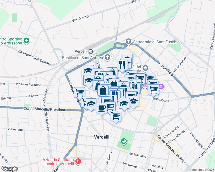 map of restaurants, bars, coffee shops, grocery stores, and more near 61 Via Dante Alighieri in Vercelli