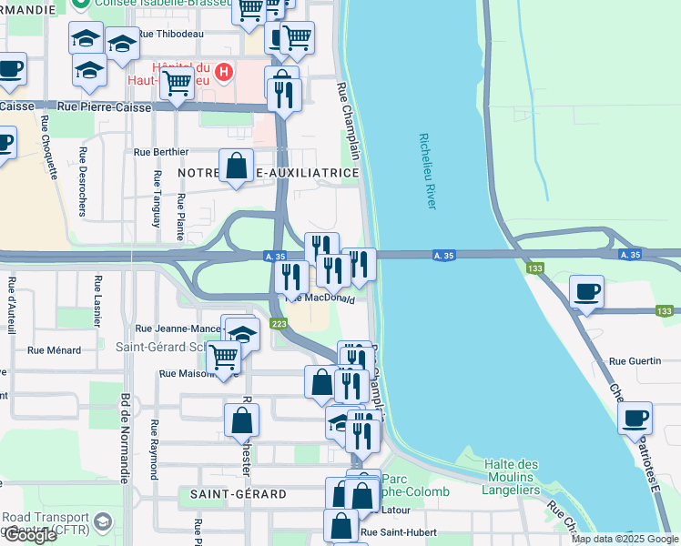 map of restaurants, bars, coffee shops, grocery stores, and more near 200 Rue MacDonald in Saint-Jean-sur-Richelieu