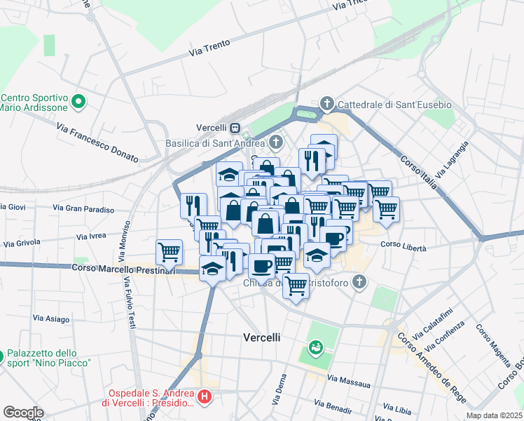 map of restaurants, bars, coffee shops, grocery stores, and more near 52 Viale Giuseppe Garibaldi in Vercelli