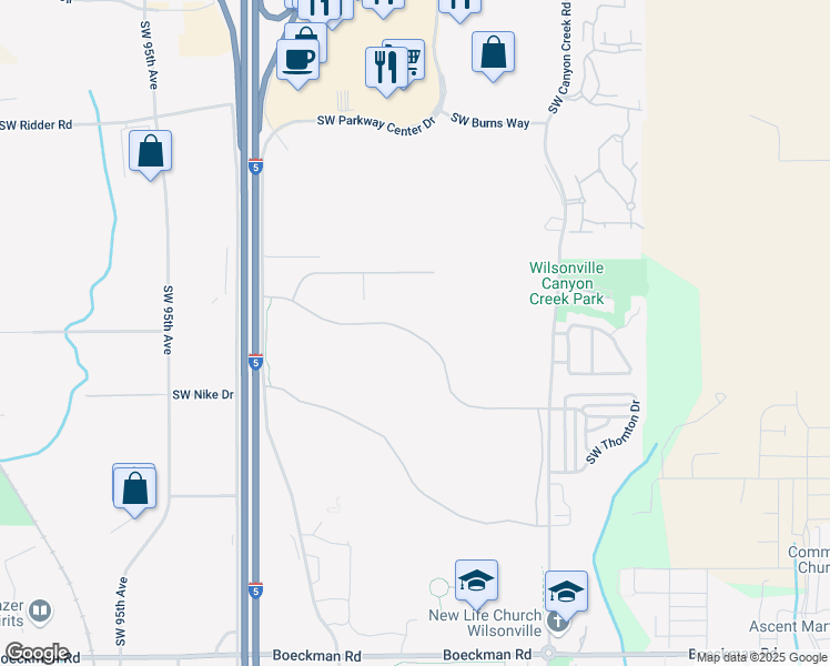 map of restaurants, bars, coffee shops, grocery stores, and more near Printer Parkway in Wilsonville