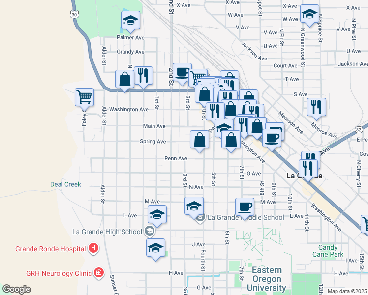 map of restaurants, bars, coffee shops, grocery stores, and more near 1806 3rd Street in La Grande
