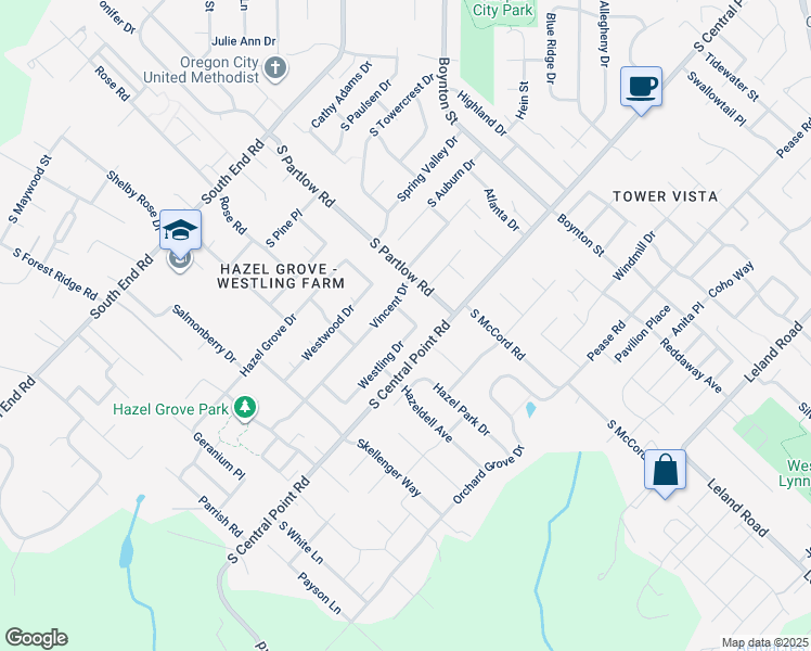 map of restaurants, bars, coffee shops, grocery stores, and more near 19368 Vincent Drive in Oregon City