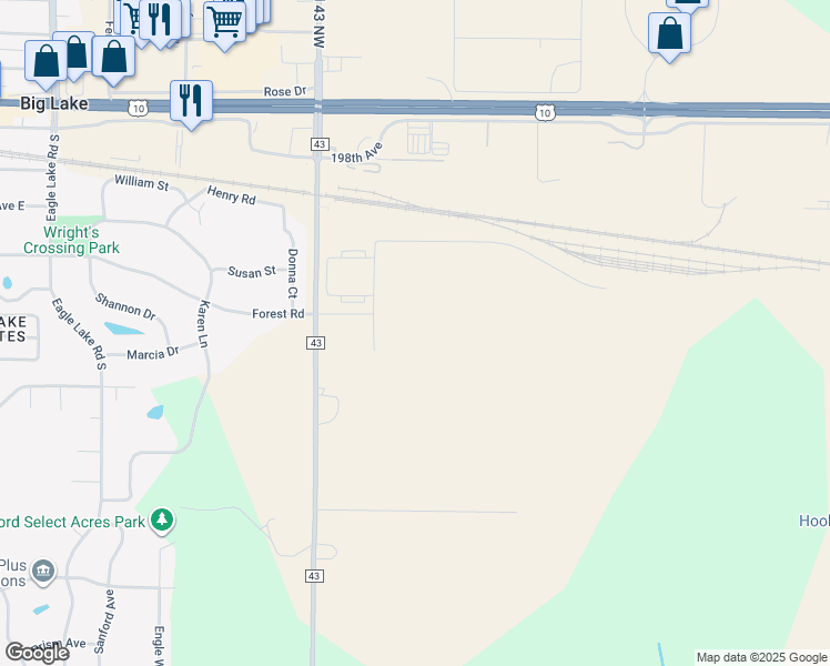map of restaurants, bars, coffee shops, grocery stores, and more near 19595 Station Street Northwest in Big Lake