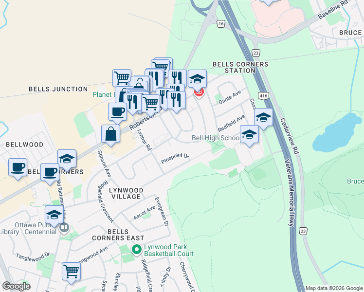 map of restaurants, bars, coffee shops, grocery stores, and more near 45 Larkspur Drive in Ottawa