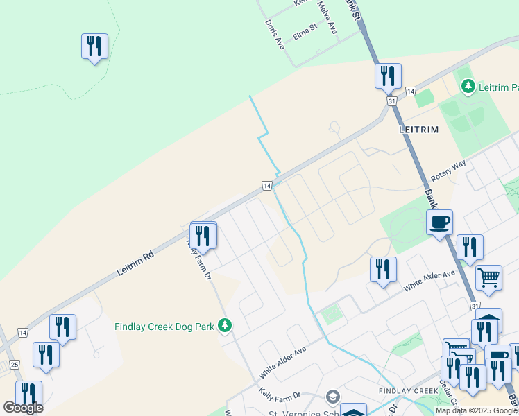 map of restaurants, bars, coffee shops, grocery stores, and more near 163 Angelonia Crescent in Ottawa