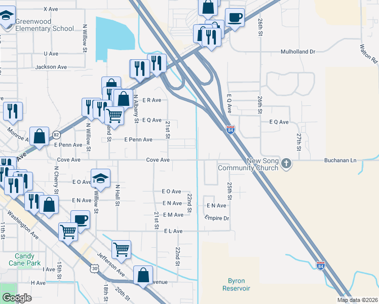 map of restaurants, bars, coffee shops, grocery stores, and more near 2519 Cove Avenue in La Grande