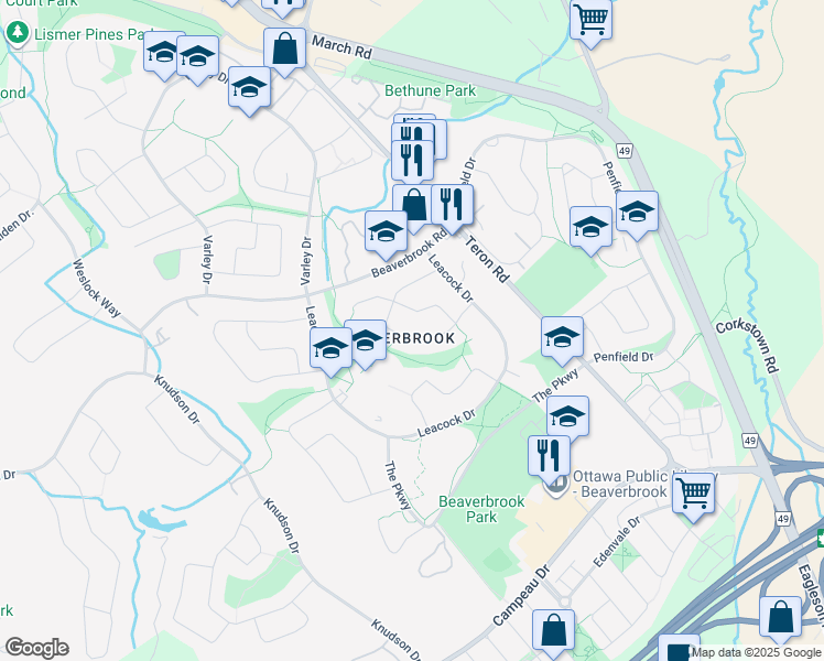 map of restaurants, bars, coffee shops, grocery stores, and more near 19 Kingsford Crescent in Ottawa