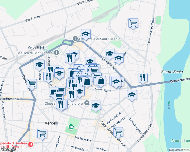 map of restaurants, bars, coffee shops, grocery stores, and more near 1-3 Via Tribunale in Vercelli