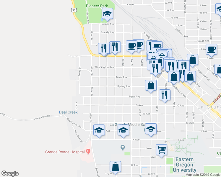 map of restaurants, bars, coffee shops, grocery stores, and more near 504 Spring Avenue in La Grande