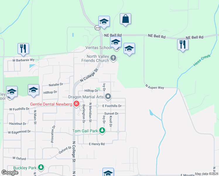 map of restaurants, bars, coffee shops, grocery stores, and more near 3619 Knoll Drive in Newberg