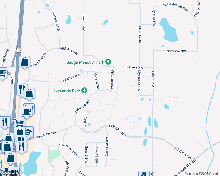 map of restaurants, bars, coffee shops, grocery stores, and more near 19616 Wilson Street Northwest in Elk River