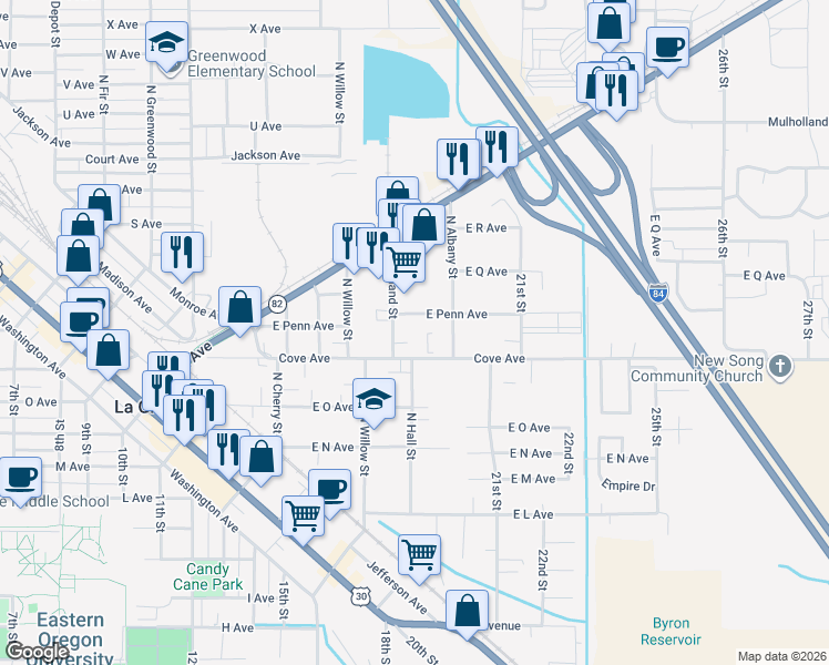 map of restaurants, bars, coffee shops, grocery stores, and more near 2212 East Penn Avenue in La Grande