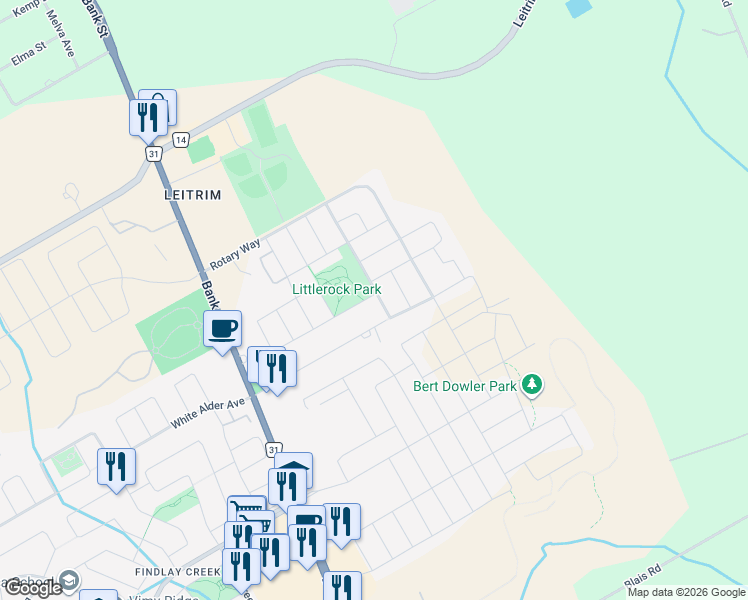 map of restaurants, bars, coffee shops, grocery stores, and more near 471 Fernside Street in Ottawa