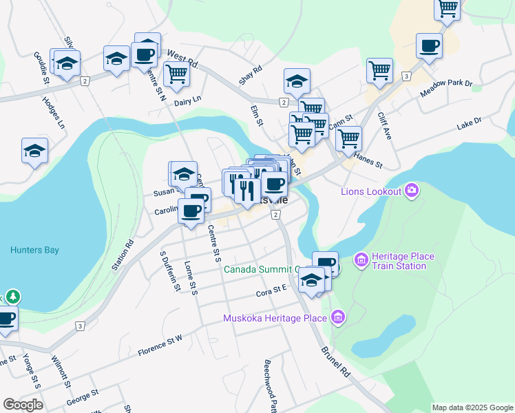 map of restaurants, bars, coffee shops, grocery stores, and more near 57 Main Street East in Huntsville