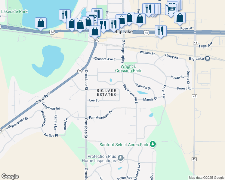 map of restaurants, bars, coffee shops, grocery stores, and more near 301 Monroe Street in Big Lake