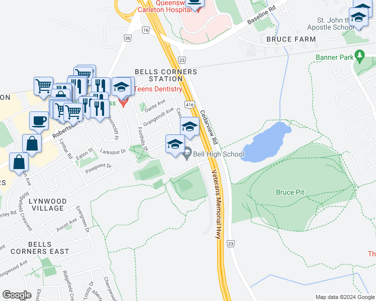 map of restaurants, bars, coffee shops, grocery stores, and more near 40 Cassidy Road in Ottawa