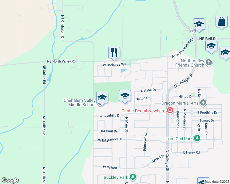 map of restaurants, bars, coffee shops, grocery stores, and more near 303 West Foothills Drive in Newberg