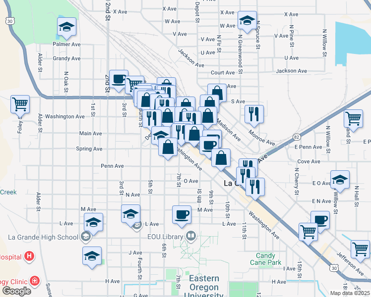 map of restaurants, bars, coffee shops, grocery stores, and more near 1407 Adams Avenue in La Grande