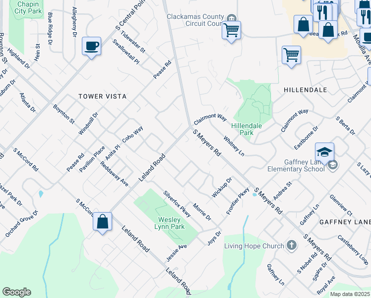 map of restaurants, bars, coffee shops, grocery stores, and more near 19352 Prospector Terrace in Oregon City