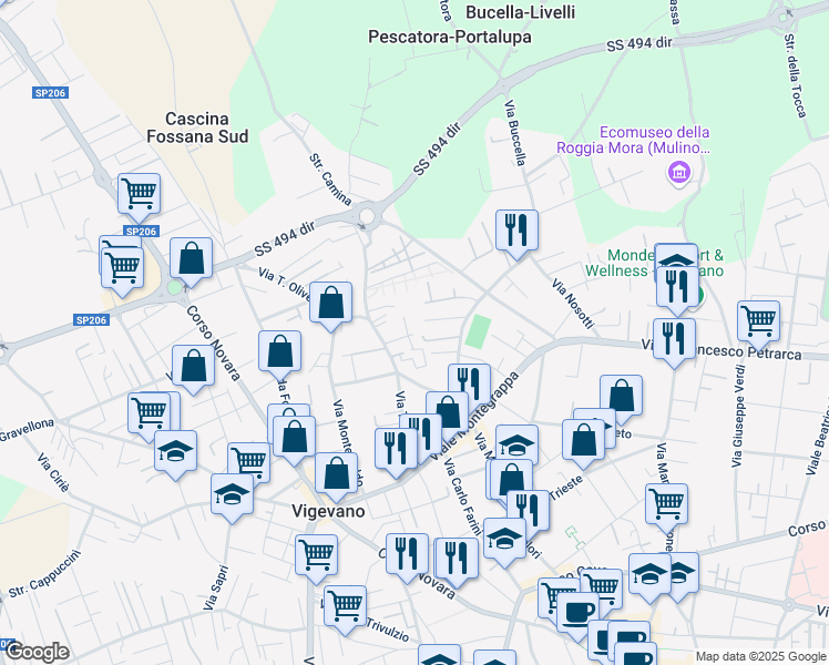 map of restaurants, bars, coffee shops, grocery stores, and more near 20 Via Enrico Toti in Vigevano