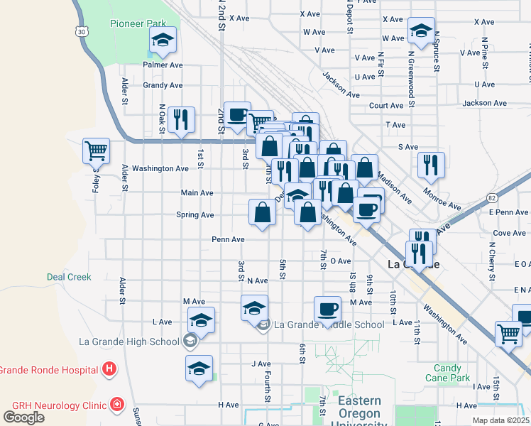 map of restaurants, bars, coffee shops, grocery stores, and more near 1706 1/2 Fourth Street in La Grande