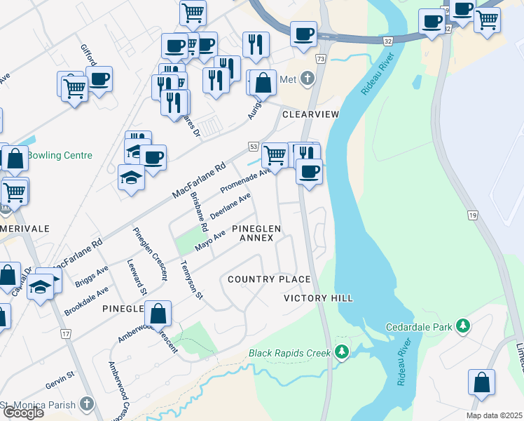 map of restaurants, bars, coffee shops, grocery stores, and more near 29 Greenside Avenue in Ottawa