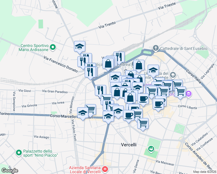 map of restaurants, bars, coffee shops, grocery stores, and more near 15 Via Luigi Sereno in Vercelli