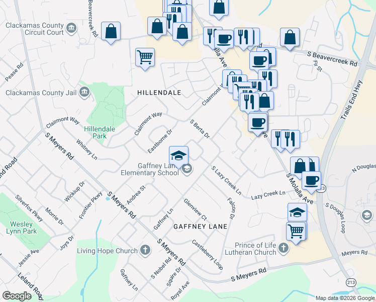 map of restaurants, bars, coffee shops, grocery stores, and more near 13046 Setera Circle in Oregon City