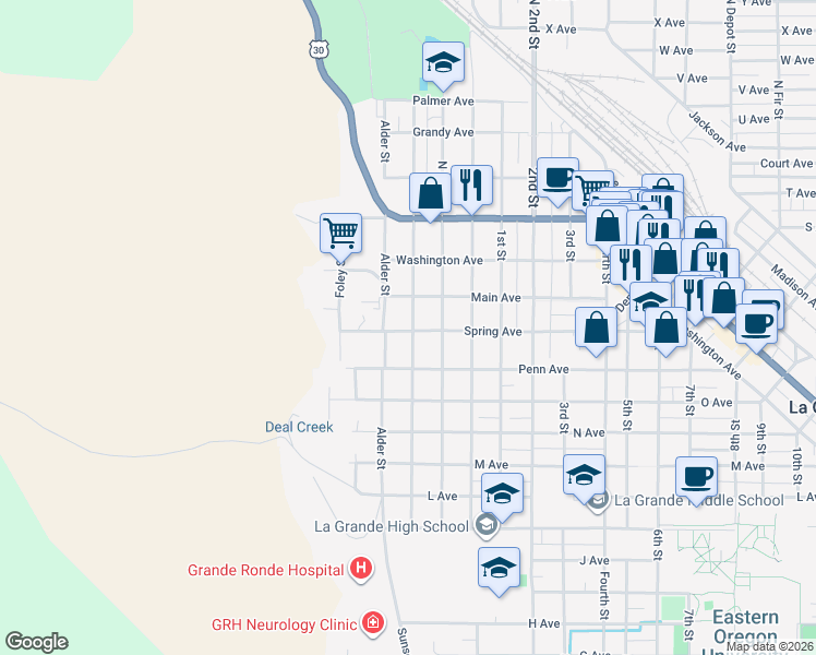 map of restaurants, bars, coffee shops, grocery stores, and more near 1705 Walnut Street in La Grande