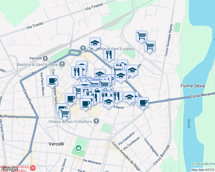 map of restaurants, bars, coffee shops, grocery stores, and more near 3 Via Tribunale in Vercelli