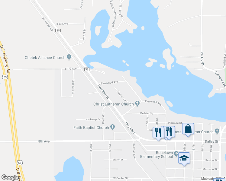 map of restaurants, bars, coffee shops, grocery stores, and more near 127 Elizabeth Lane in Chetek