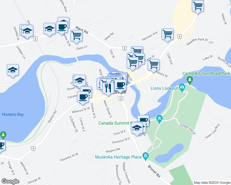 map of restaurants, bars, coffee shops, grocery stores, and more near 67 Main Street East in Huntsville