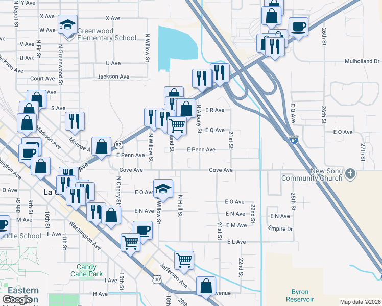 map of restaurants, bars, coffee shops, grocery stores, and more near 2212 East Penn Avenue in La Grande